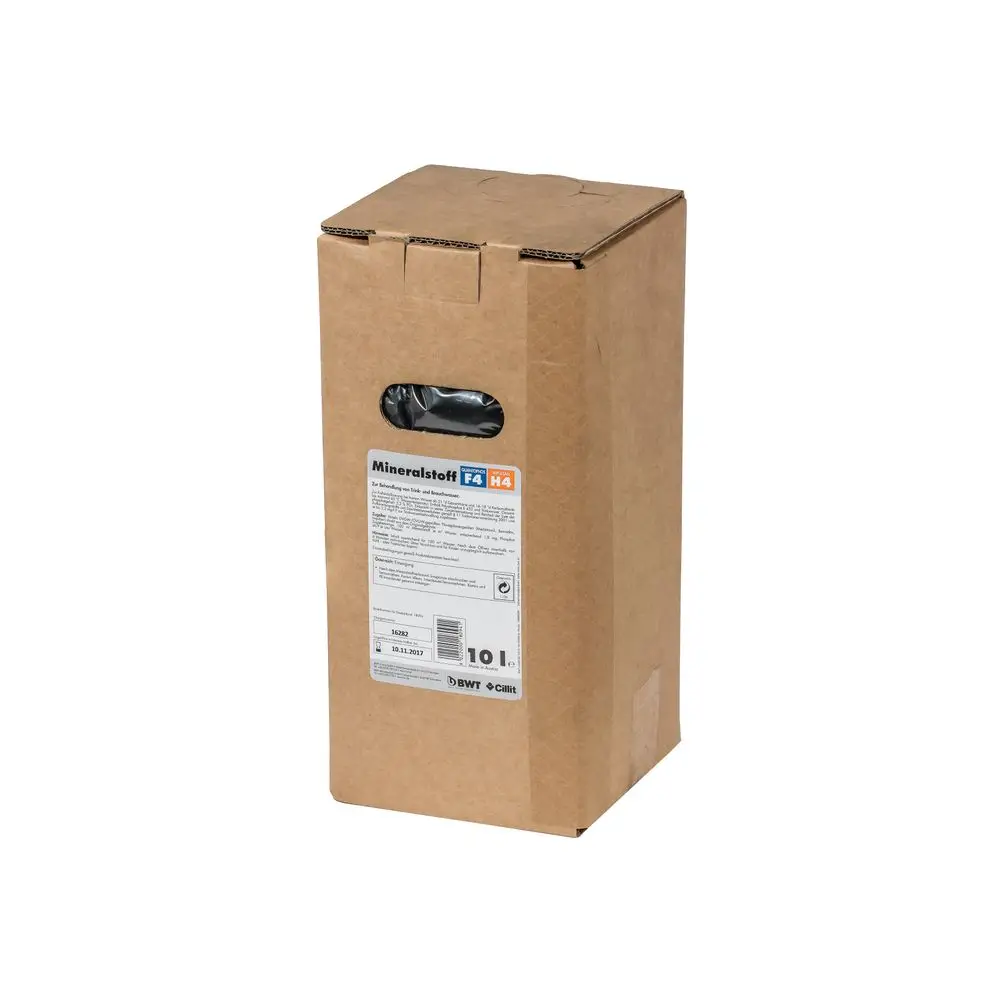 Pappeverpackung mit Griff und Produktlabel von BWT, enthält einen Mineralstoff in einer praktischen 10-Liter-Box für verschiedene Anwendungen.